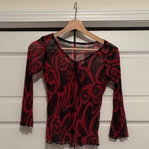 Red and Black Swirl Mesh Long-Sleeve Top